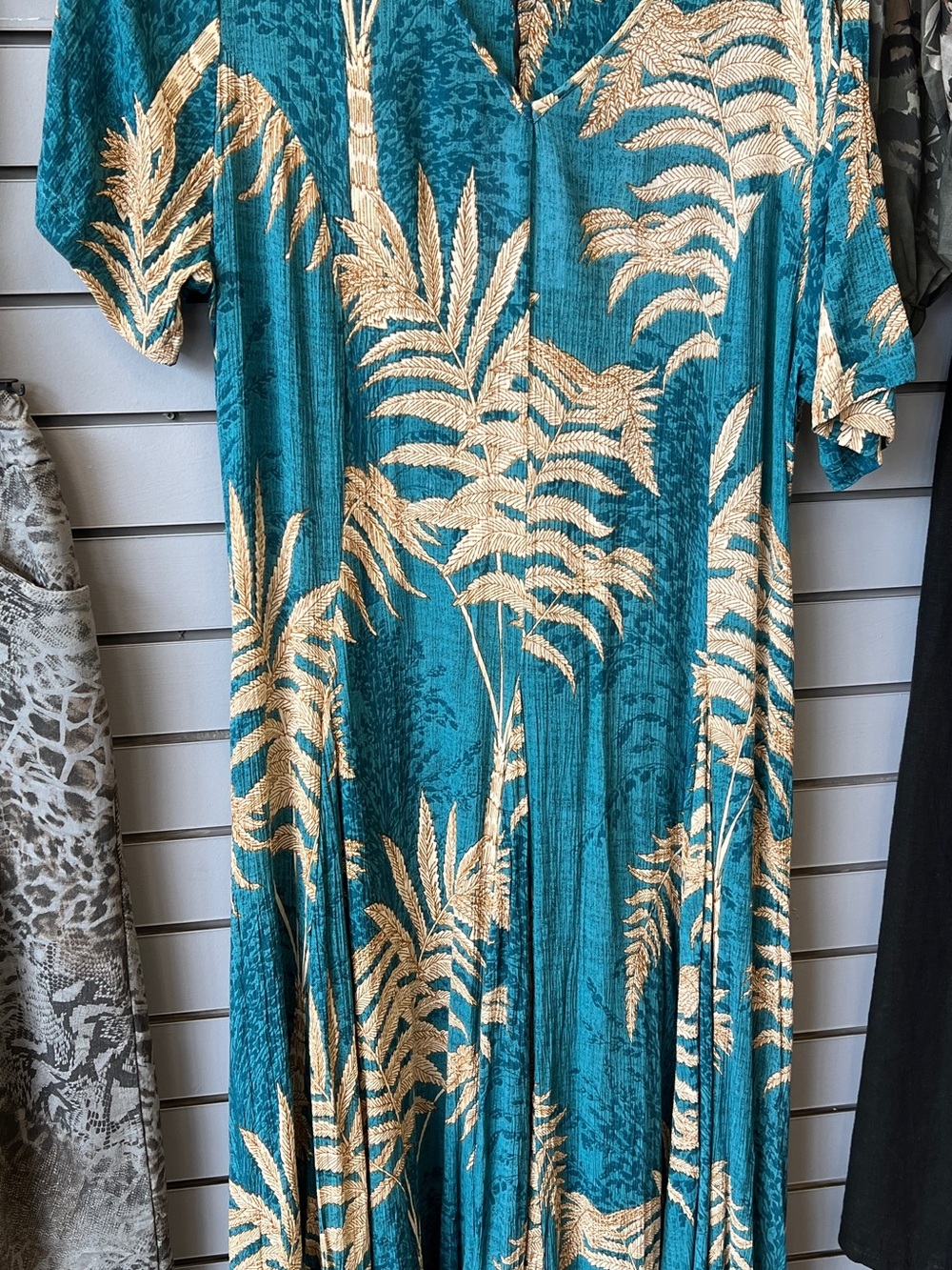 Teal Maxi Dress with Gold Tropical Leaf Print